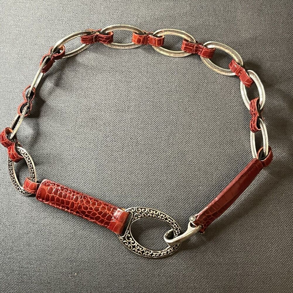 Vintage Brighton Red Croc Embossed Leather Silver Chain Link Belt Size 34